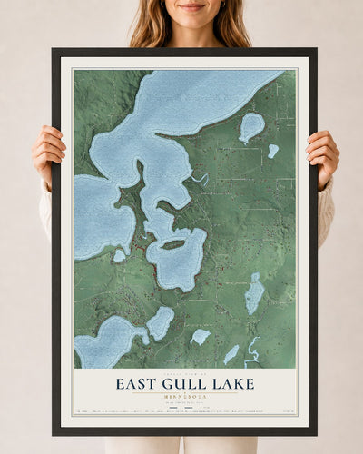 Map of East Gull Lake, Minnesota, 24 x 36 inch print in a black wood frame