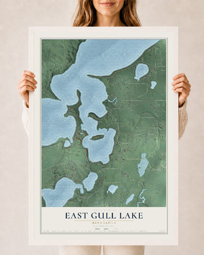 Map of East Gull Lake, Minnesota, 24 x 36 inch print in a white wood frame