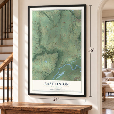 East Union, Minnesota map, 24 x 36 inch print in a black frame by a staircase
