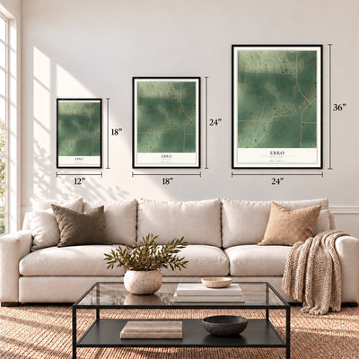 Ebro, Minnesota map in 12 x 18, 18 x 24 and 24 x 36 inch sizes above a sofa