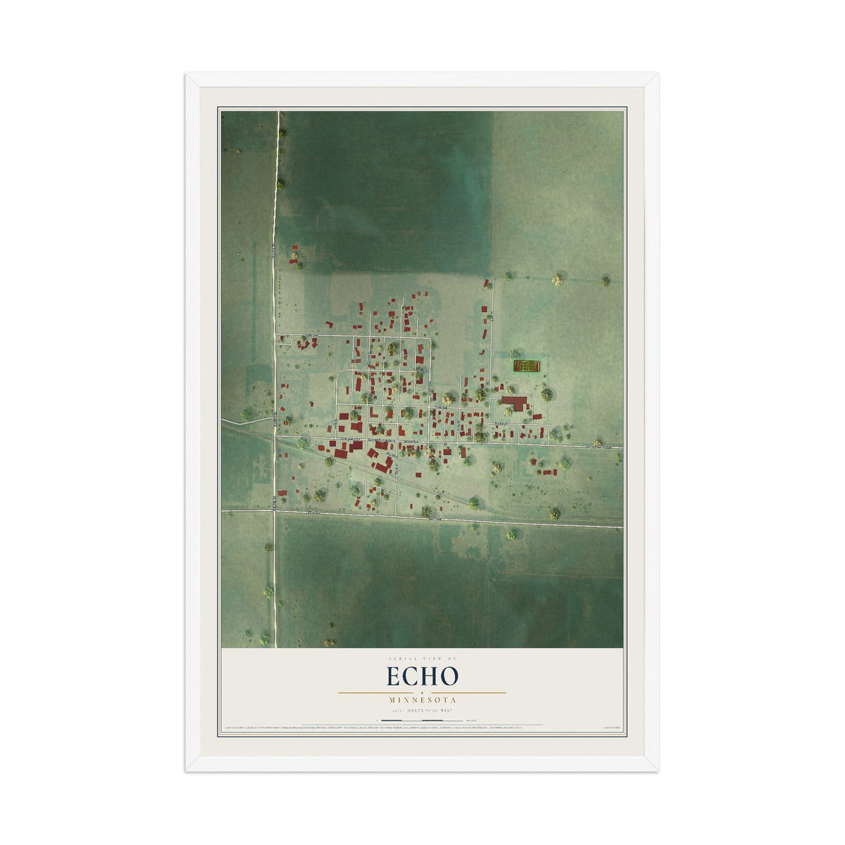 Map of Echo, Minnesota, 12 x 18 inch print in a white wood frame