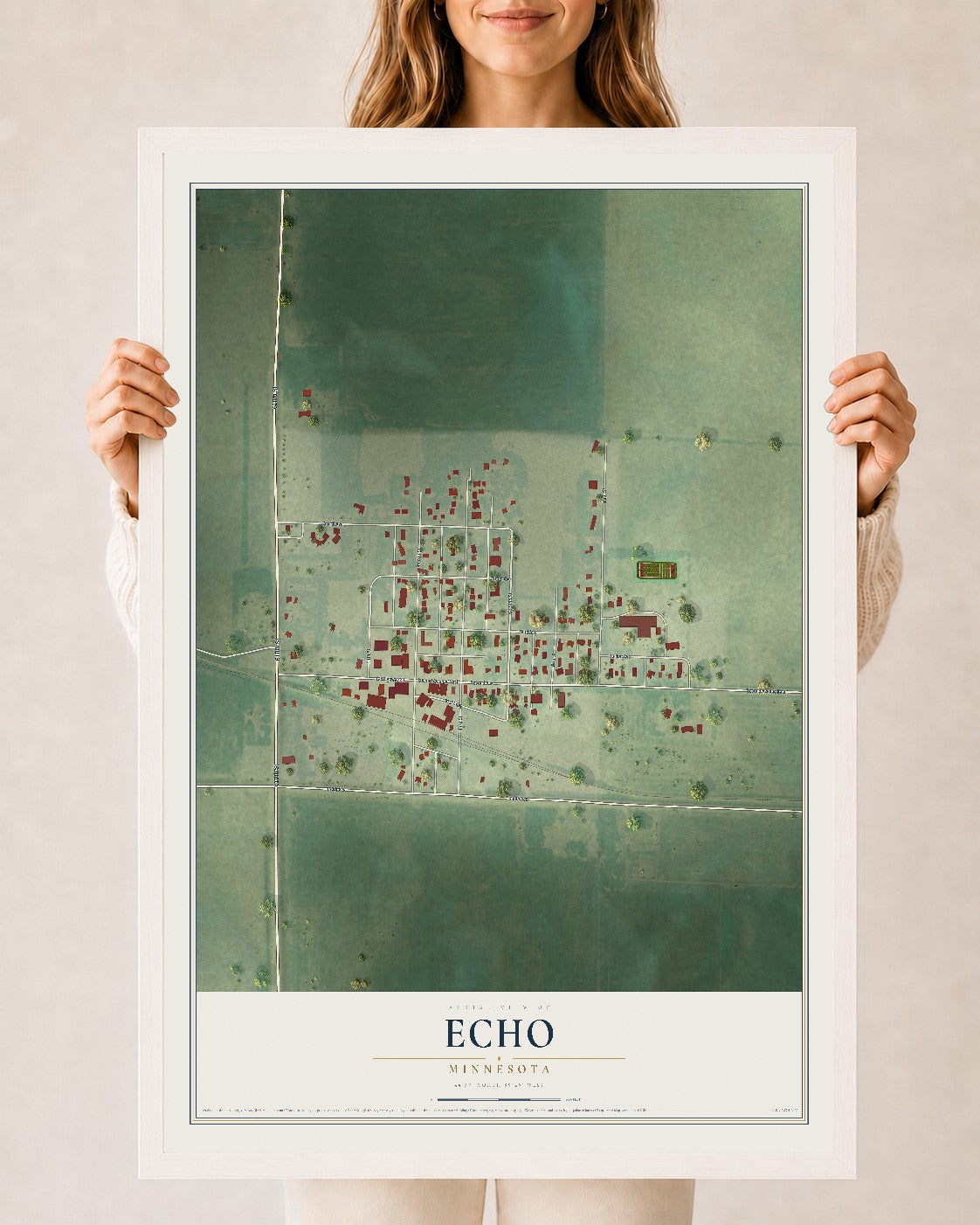 Map of Echo, Minnesota, 24 x 36 inch print in a white wood frame