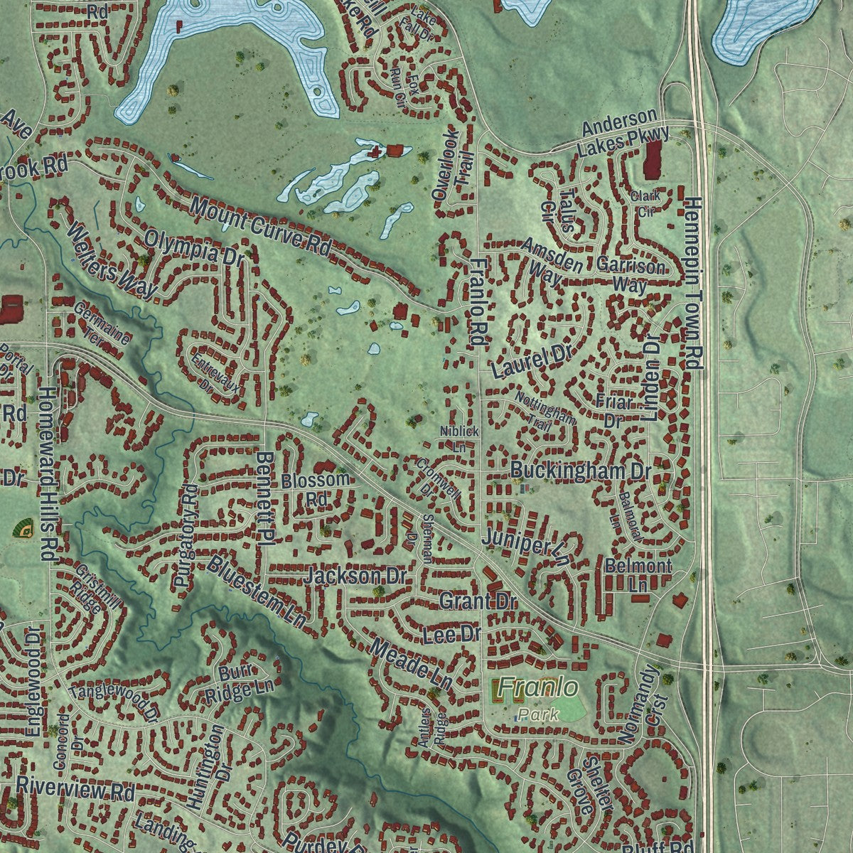 Second close-up of the map of Eden Prairie, Minnesota print showing more streets and buildings