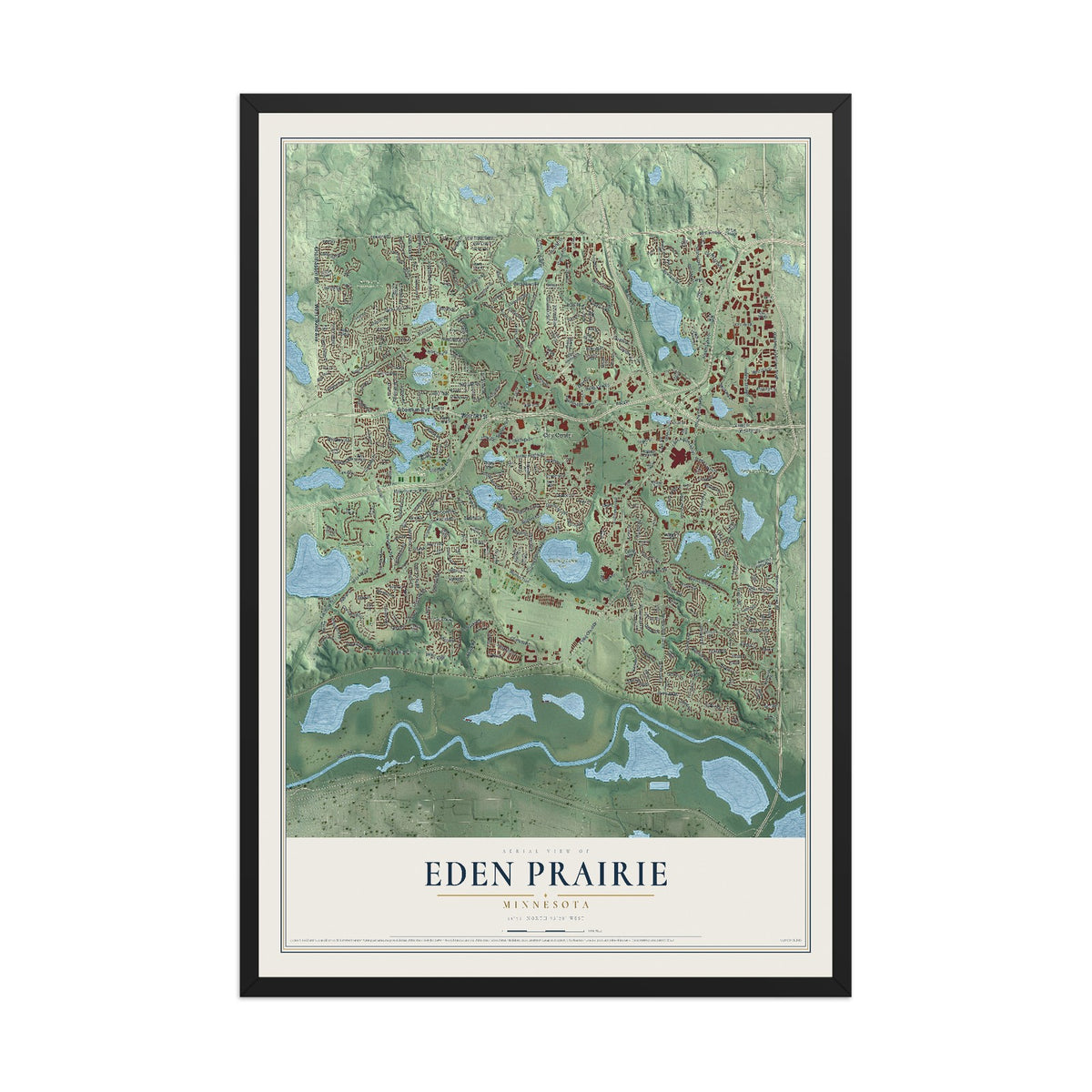 Map of Eden Prairie, Minnesota, 12 x 18 inch print in a black wood frame
