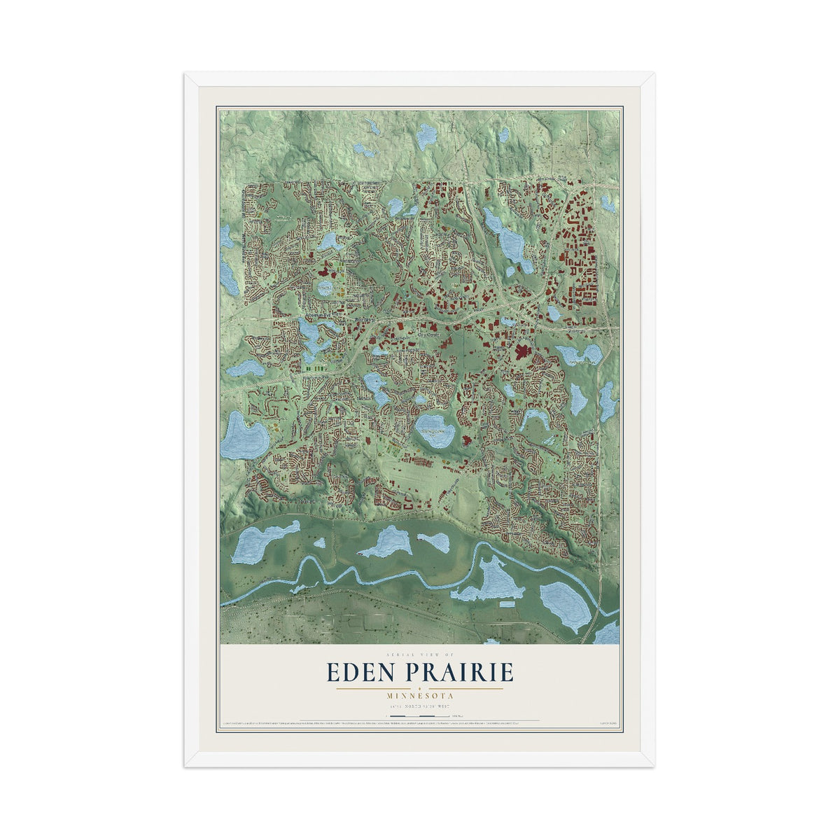 Map of Eden Prairie, Minnesota, 12 x 18 inch print in a white wood frame
