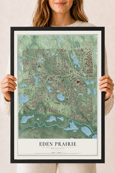 Map of Eden Prairie, Minnesota, 18 x 24 inch print in a black wood frame