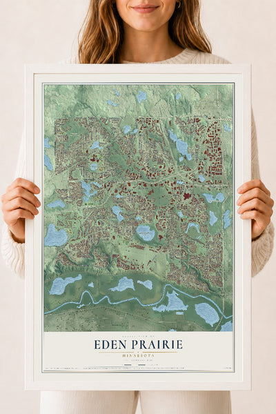 Map of Eden Prairie, Minnesota, 18 x 24 inch print in a white wood frame