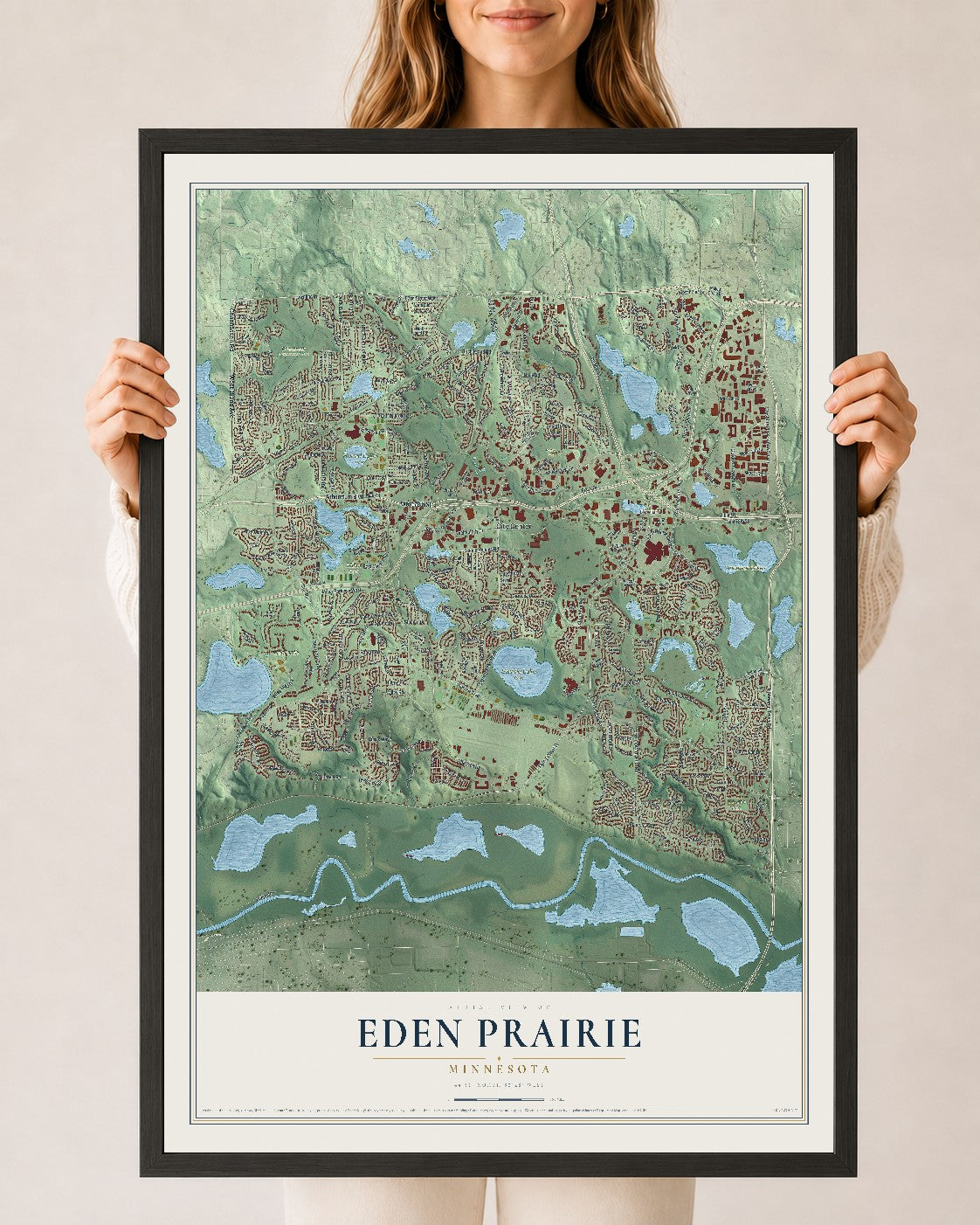 Map of Eden Prairie, Minnesota, 24 x 36 inch print in a black wood frame