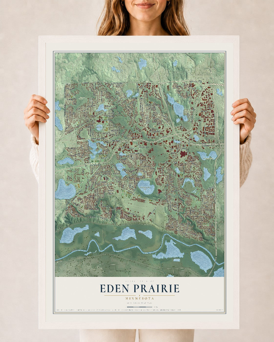Map of Eden Prairie, Minnesota, 24 x 36 inch print in a white wood frame