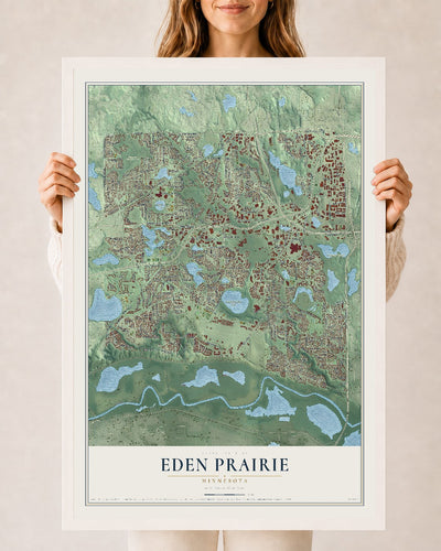 Map of Eden Prairie, Minnesota, 24 x 36 inch print in a white wood frame