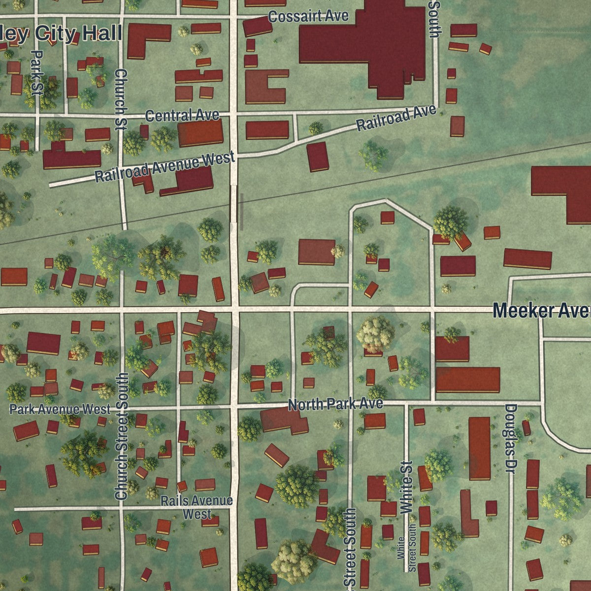 Close-up of the map of Eden Valley, Minnesota print showing street and building detail