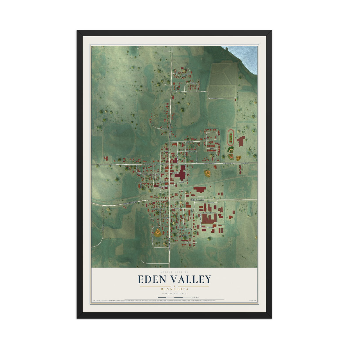 Map of Eden Valley, Minnesota, 12 x 18 inch print in a black wood frame
