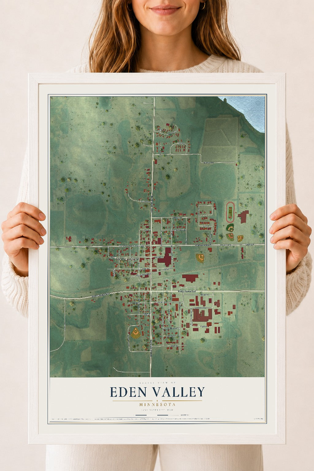 Map of Eden Valley, Minnesota, 18 x 24 inch print in a white wood frame