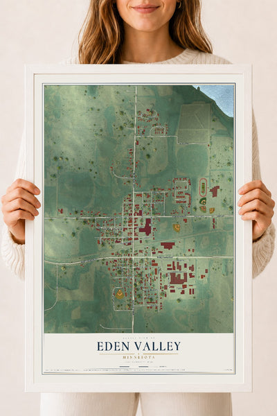 Map of Eden Valley, Minnesota, 18 x 24 inch print in a white wood frame