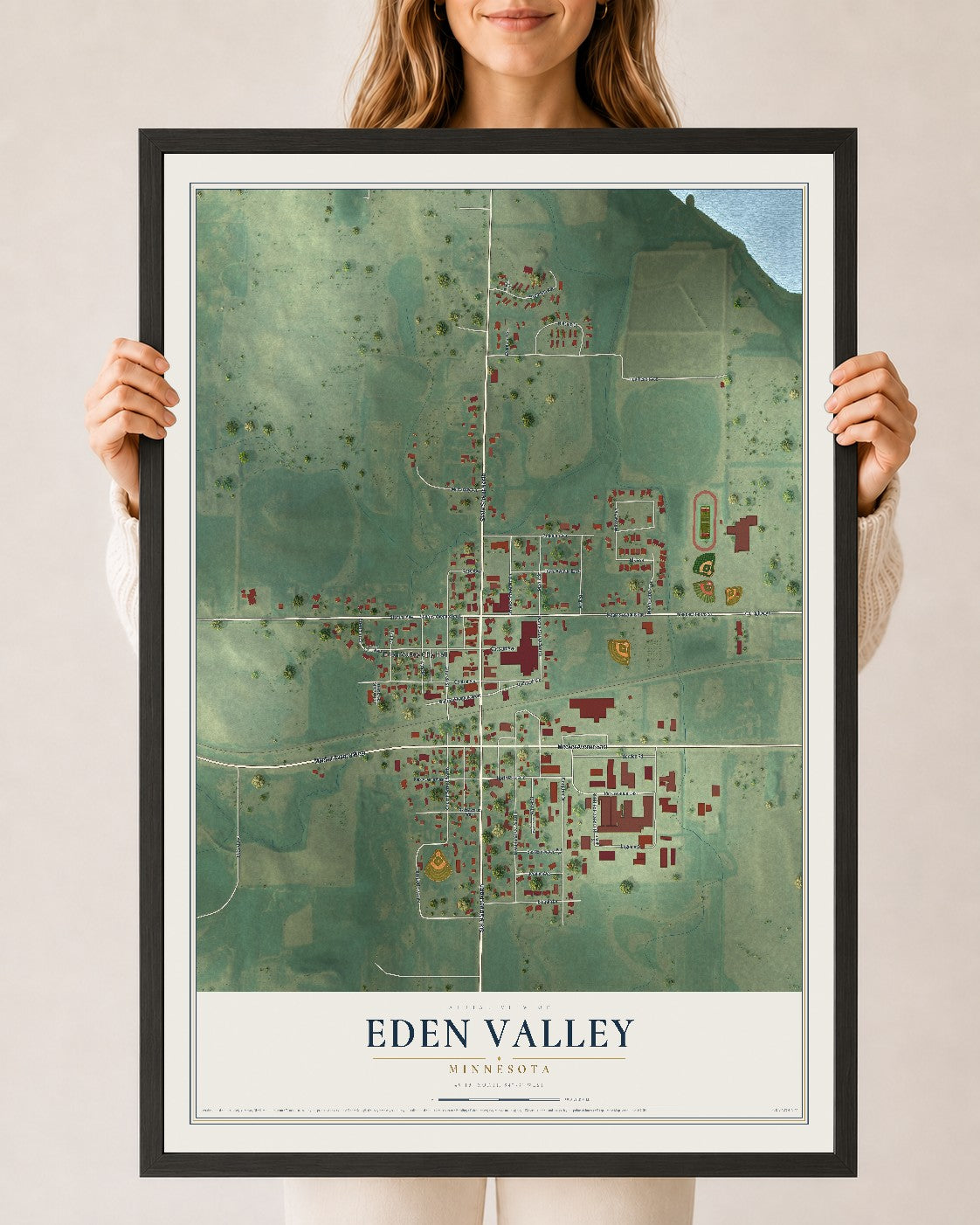 Map of Eden Valley, Minnesota, 24 x 36 inch print in a black wood frame