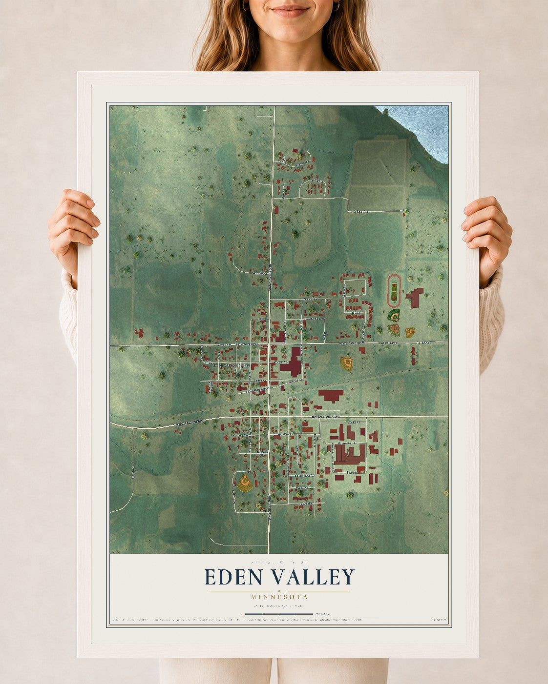 Map of Eden Valley, Minnesota, 24 x 36 inch print in a white wood frame