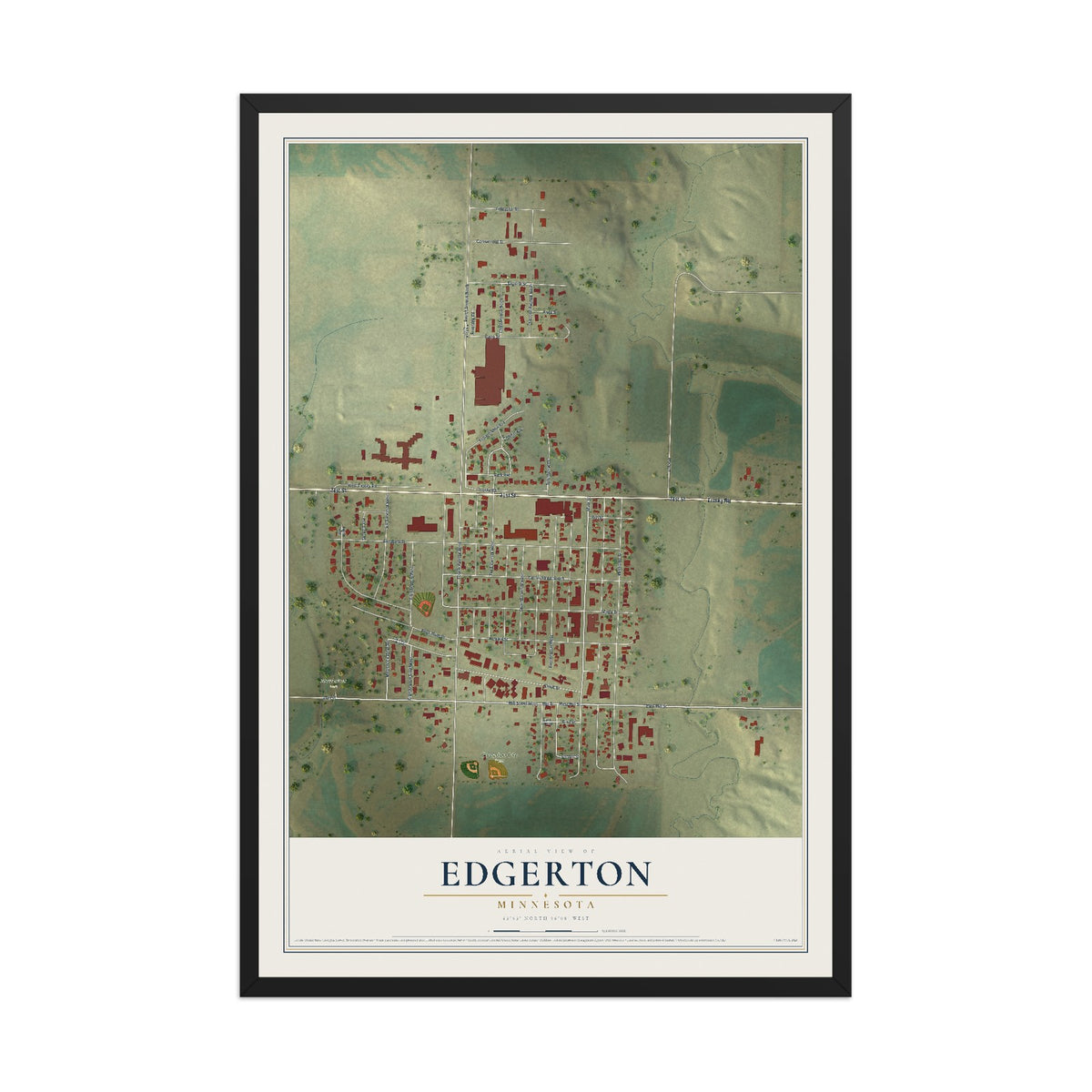 Map of Edgerton, Minnesota, 12 x 18 inch print in a black wood frame