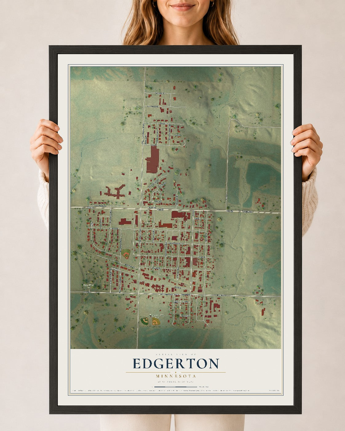 Map of Edgerton, Minnesota, 24 x 36 inch print in a black wood frame