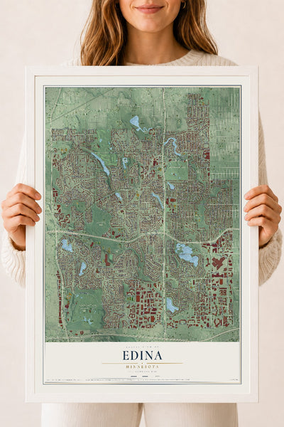 Map of Edina, Minnesota, 18 x 24 inch print in a white wood frame
