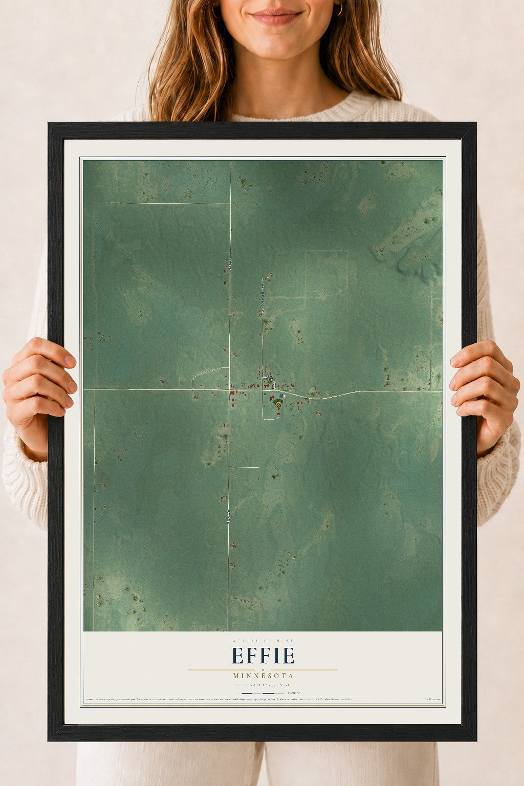 Map of Effie, Minnesota, 18 x 24 inch print in a black wood frame