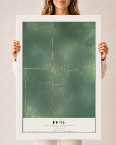 Map of Effie, Minnesota, 24 x 36 inch print in a white wood frame
