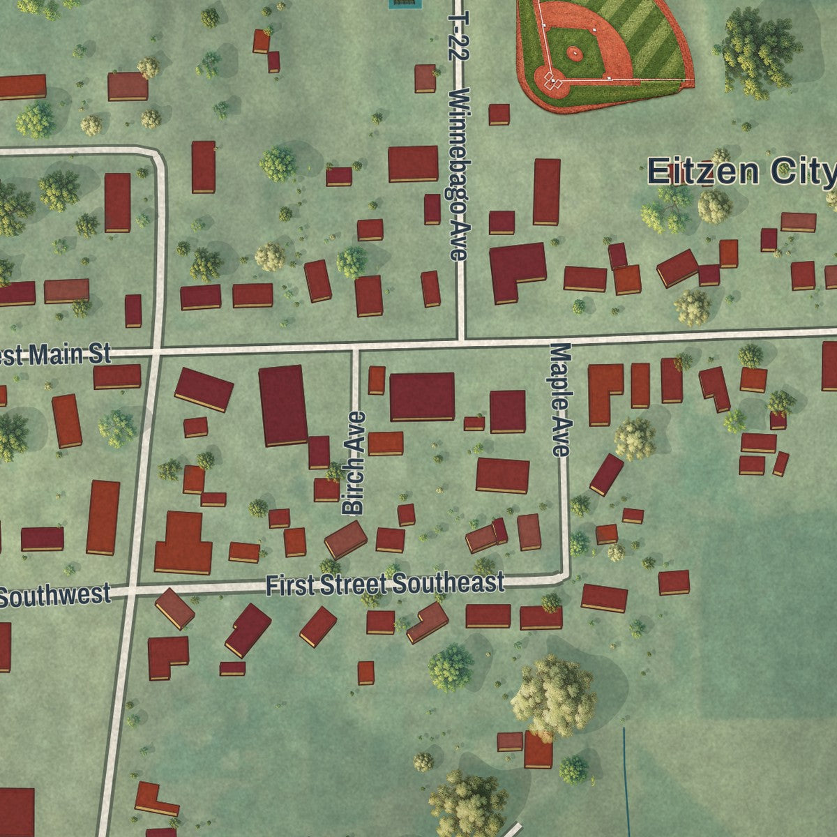 Close-up of the map of Eitzen, Minnesota print showing street and building detail