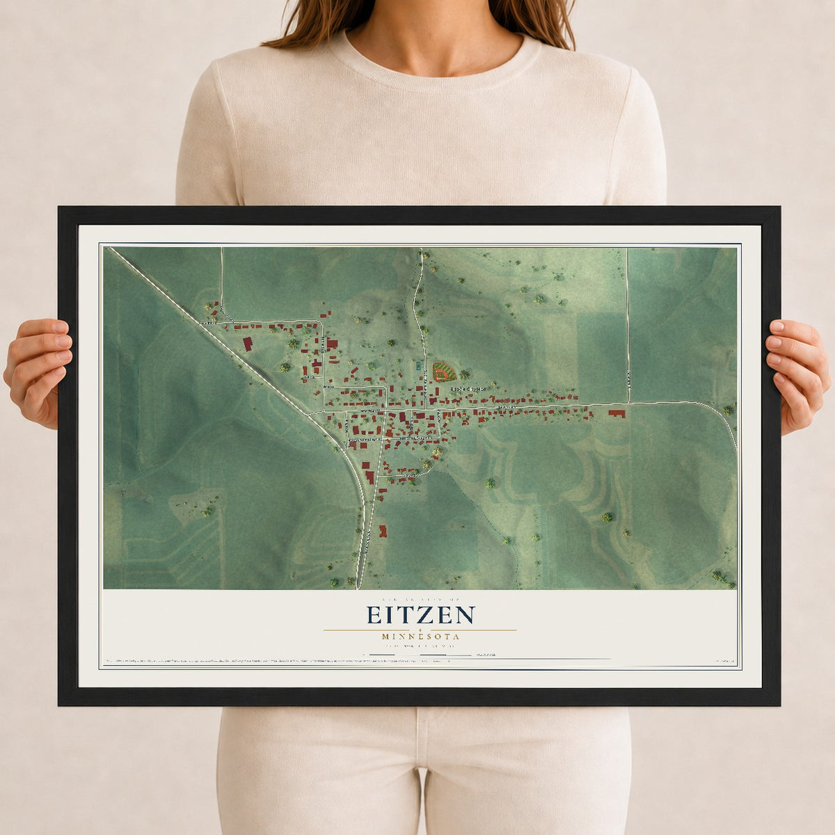 Map of Eitzen, Minnesota, 12 x 18 inch print in a black wood frame