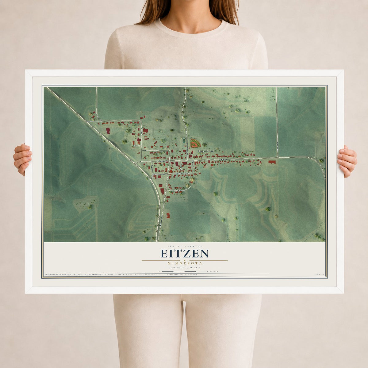 Map of Eitzen, Minnesota, 24 x 36 inch print in a white wood frame