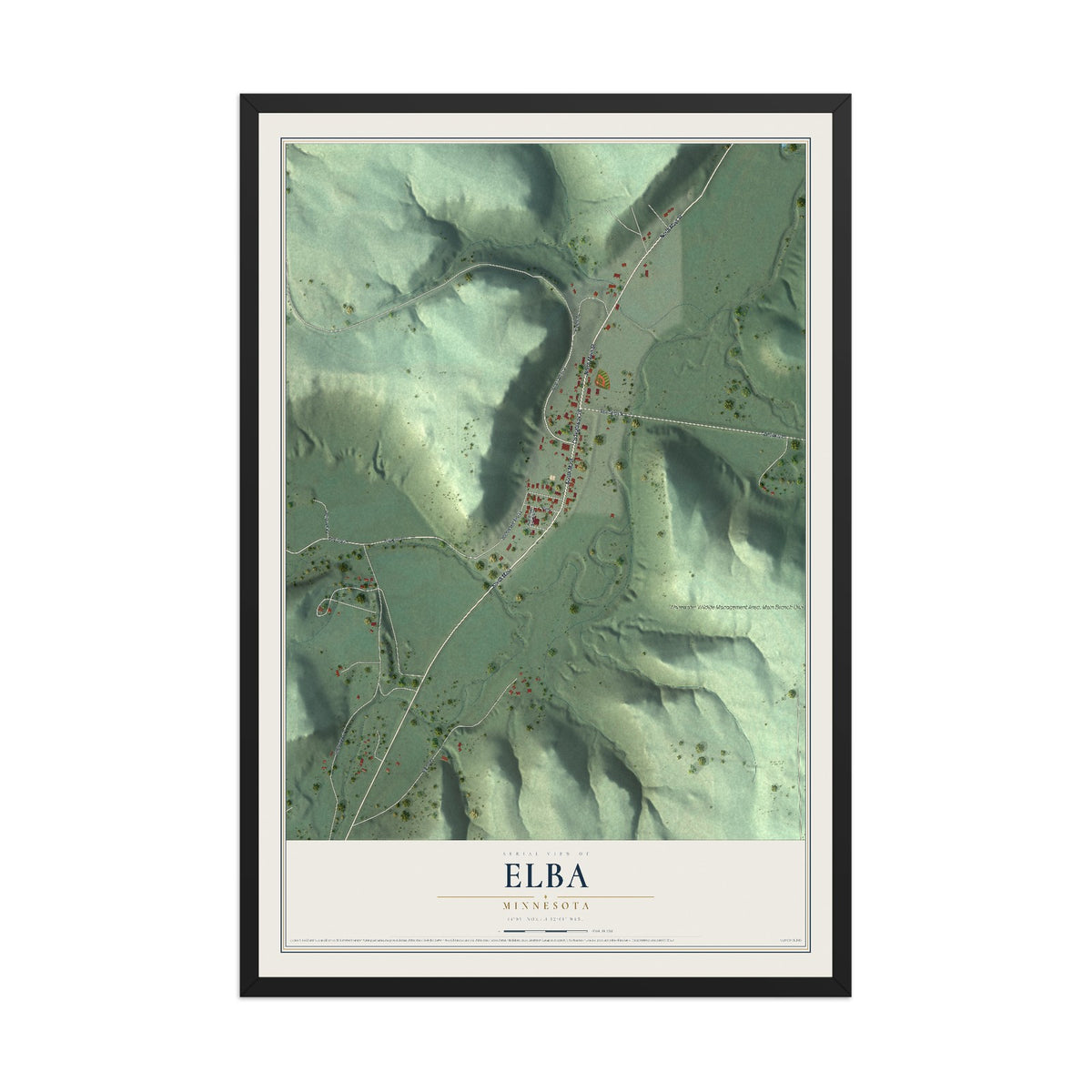 Map of Elba, Minnesota, 12 x 18 inch print in a black wood frame