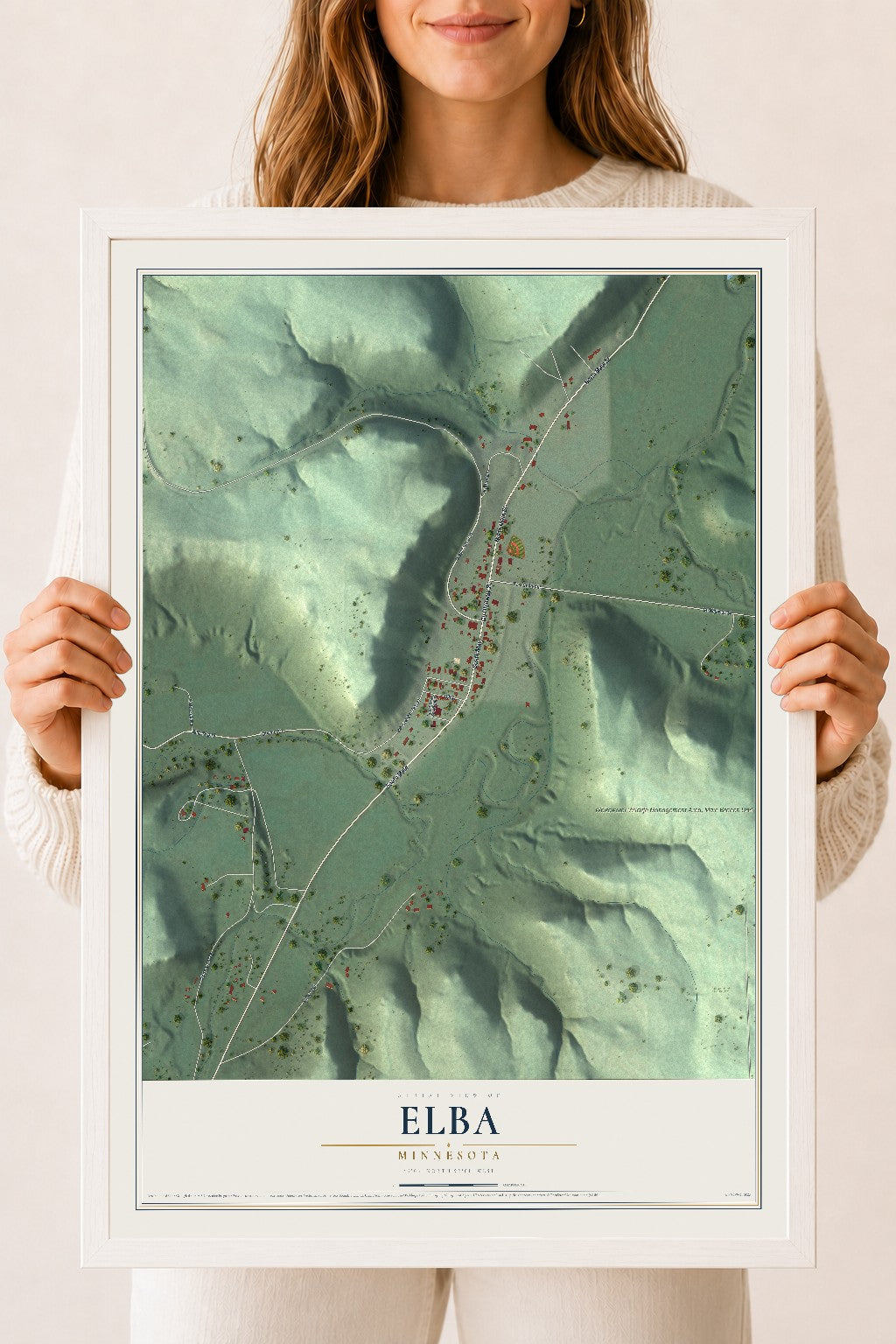 Map of Elba, Minnesota, 18 x 24 inch print in a white wood frame