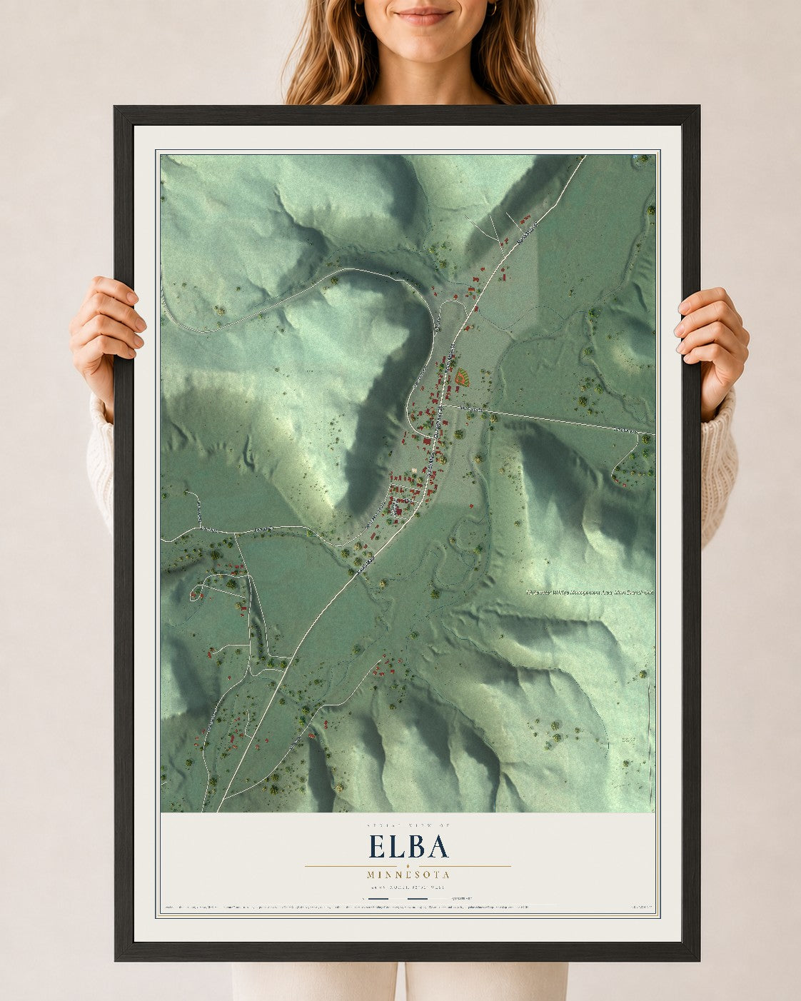 Map of Elba, Minnesota, 24 x 36 inch print in a black wood frame