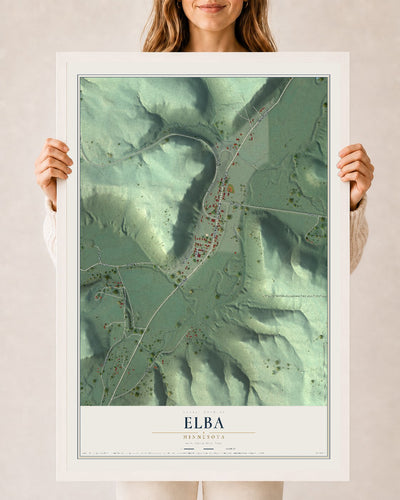 Map of Elba, Minnesota, 24 x 36 inch print in a white wood frame