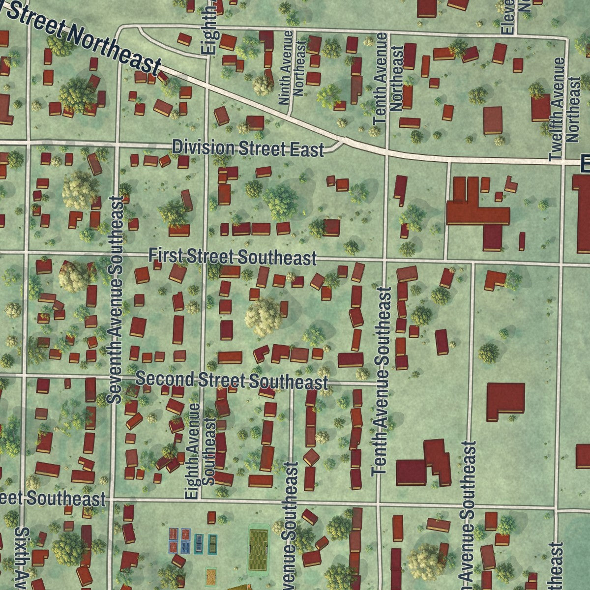Close-up of the map of Elbow Lake, Minnesota print showing street and building detail