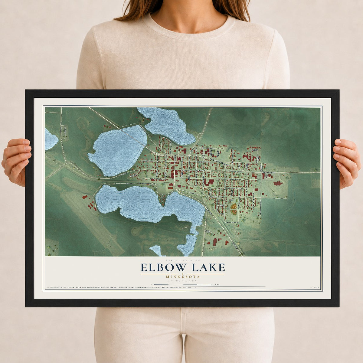Map of Elbow Lake, Minnesota, 12 x 18 inch print in a black wood frame