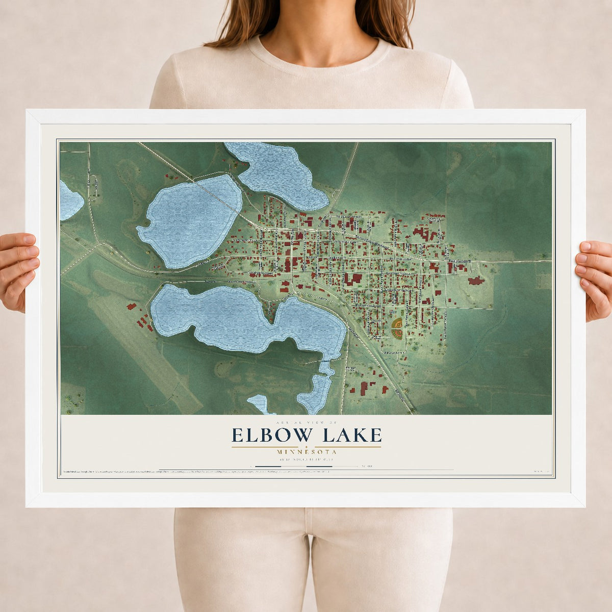 Map of Elbow Lake, Minnesota, 18 x 24 inch print in a white wood frame