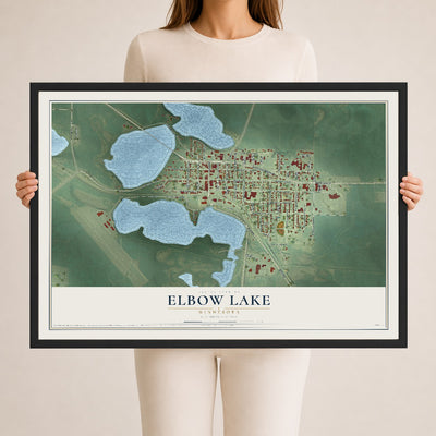 Map of Elbow Lake, Minnesota, 24 x 36 inch print in a black wood frame