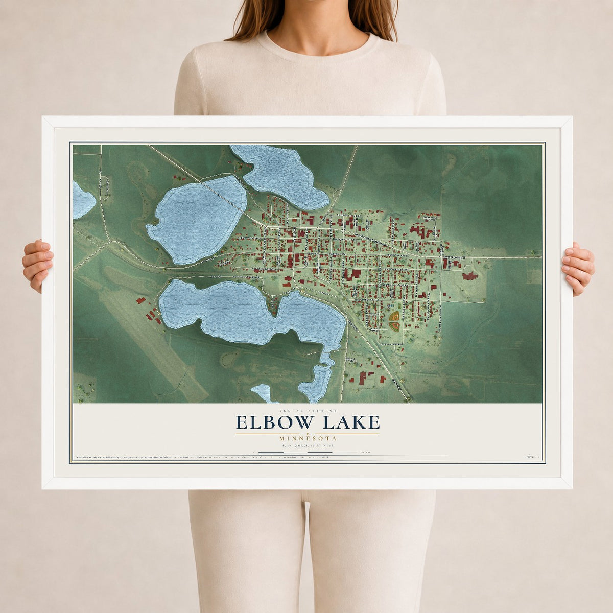 Map of Elbow Lake, Minnesota, 24 x 36 inch print in a white wood frame