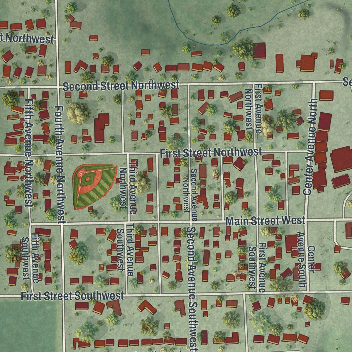 Close-up of the map of Elgin, Minnesota print showing street and building detail