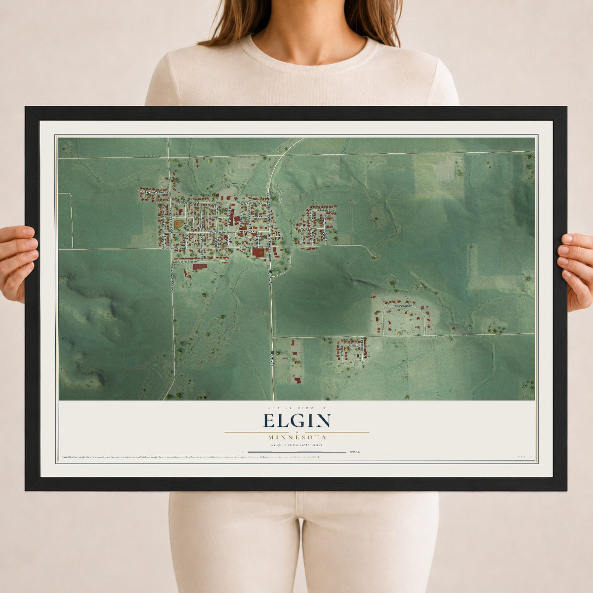 Map of Elgin, Minnesota, 18 x 24 inch print in a black wood frame