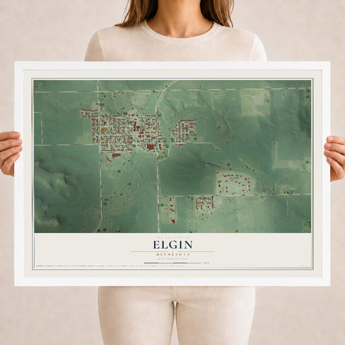 Map of Elgin, Minnesota, 18 x 24 inch print in a white wood frame