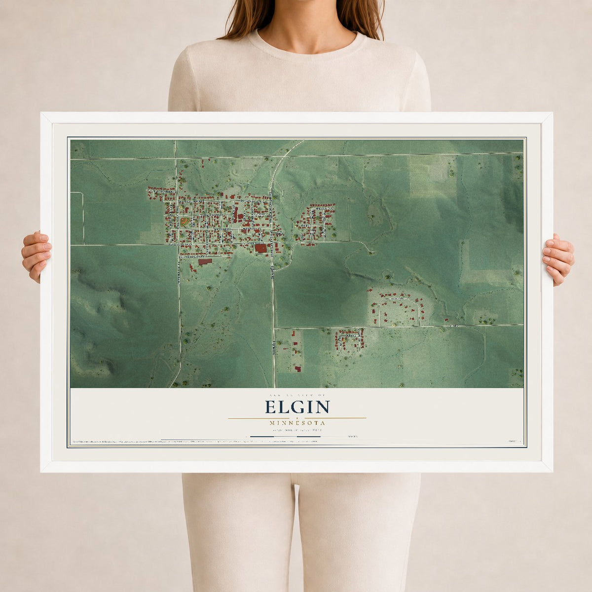 Map of Elgin, Minnesota, 24 x 36 inch print in a white wood frame