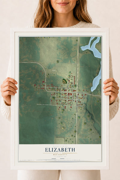 Map of Elizabeth, Minnesota, 18 x 24 inch print in a white wood frame