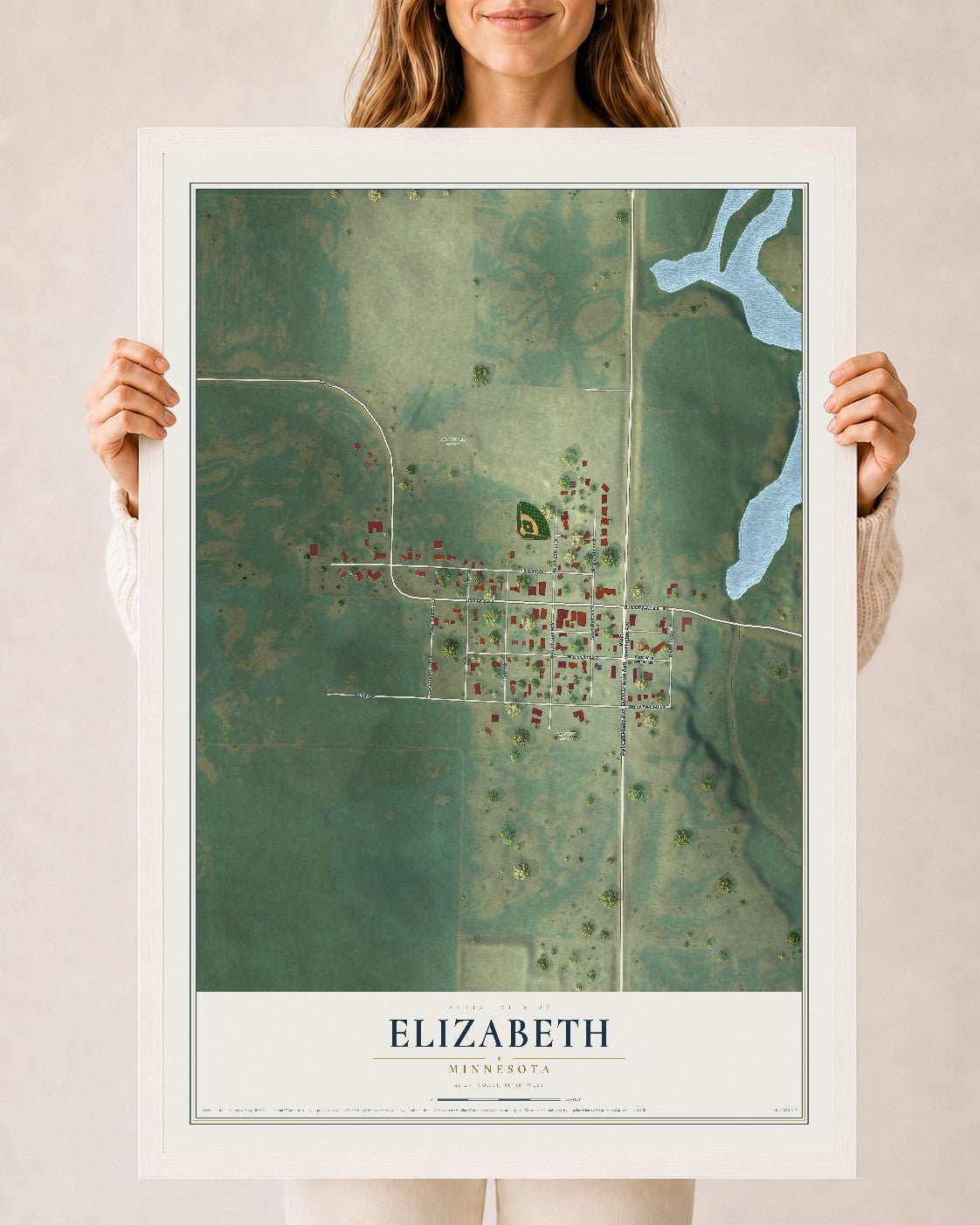 Map of Elizabeth, Minnesota, 24 x 36 inch print in a white wood frame