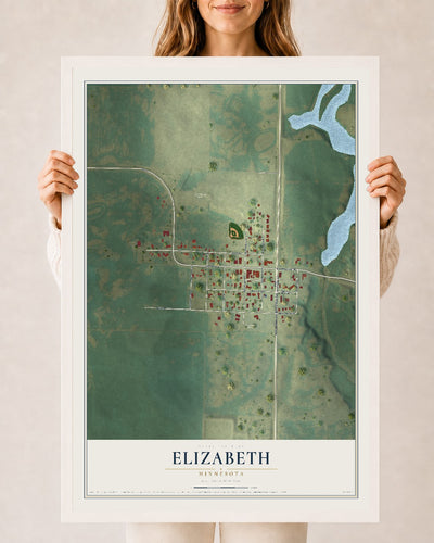 Map of Elizabeth, Minnesota, 24 x 36 inch print in a white wood frame