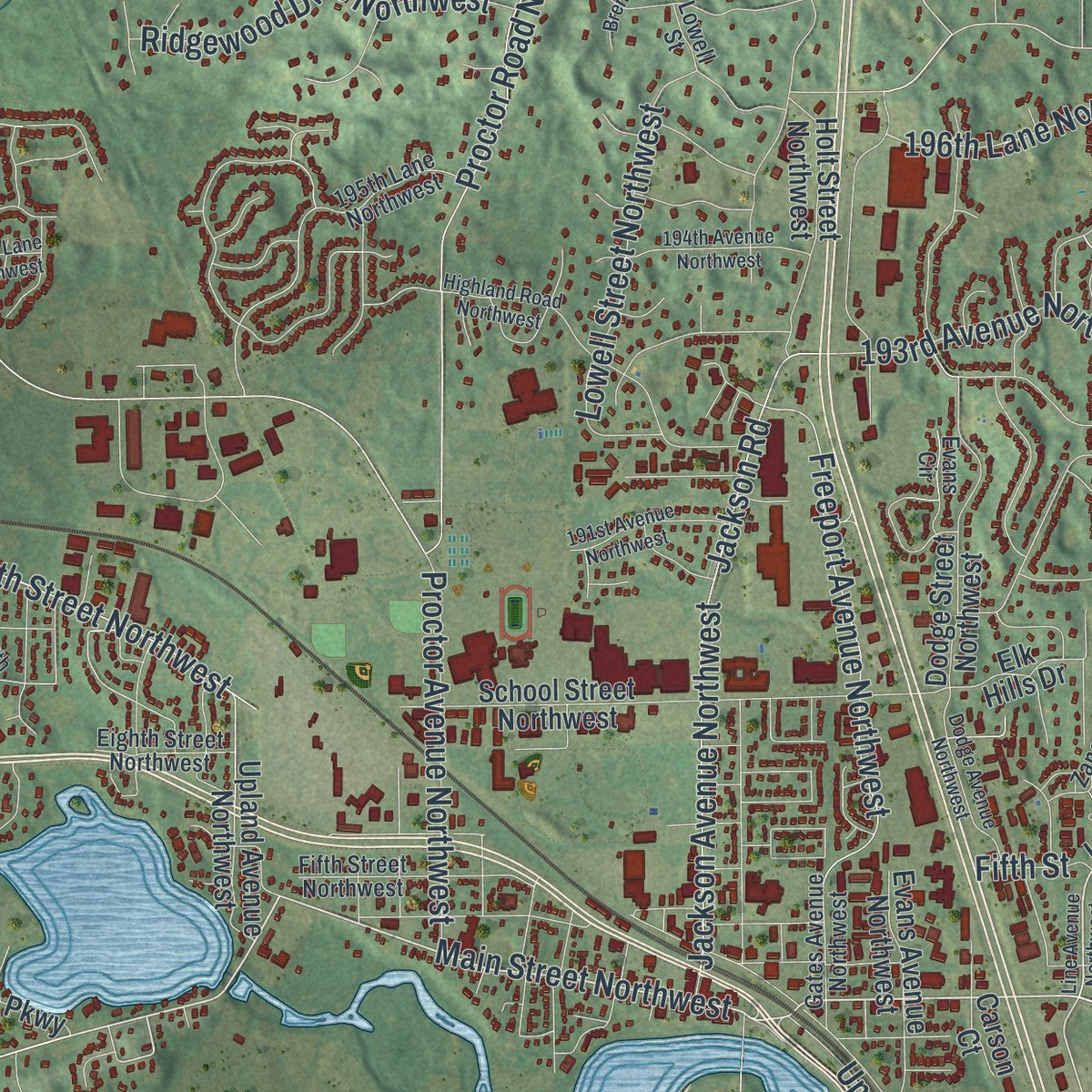 Close-up of the map of Elk River, Minnesota print showing street and building detail