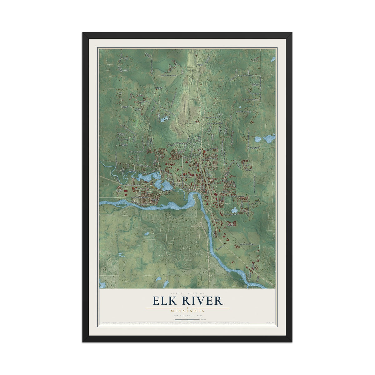 Map of Elk River, Minnesota, 12 x 18 inch print in a black wood frame