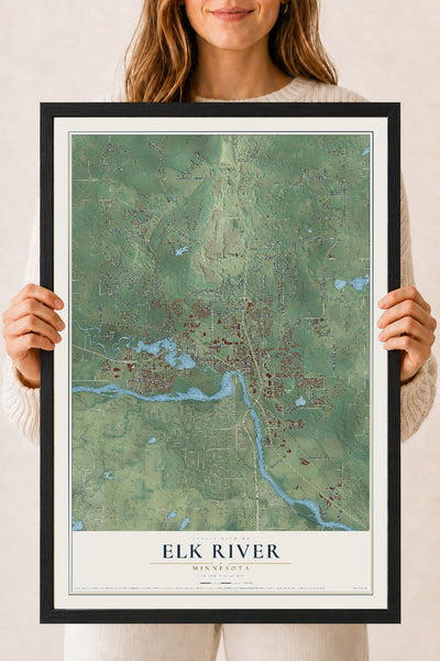 Map of Elk River, Minnesota, 18 x 24 inch print in a black wood frame