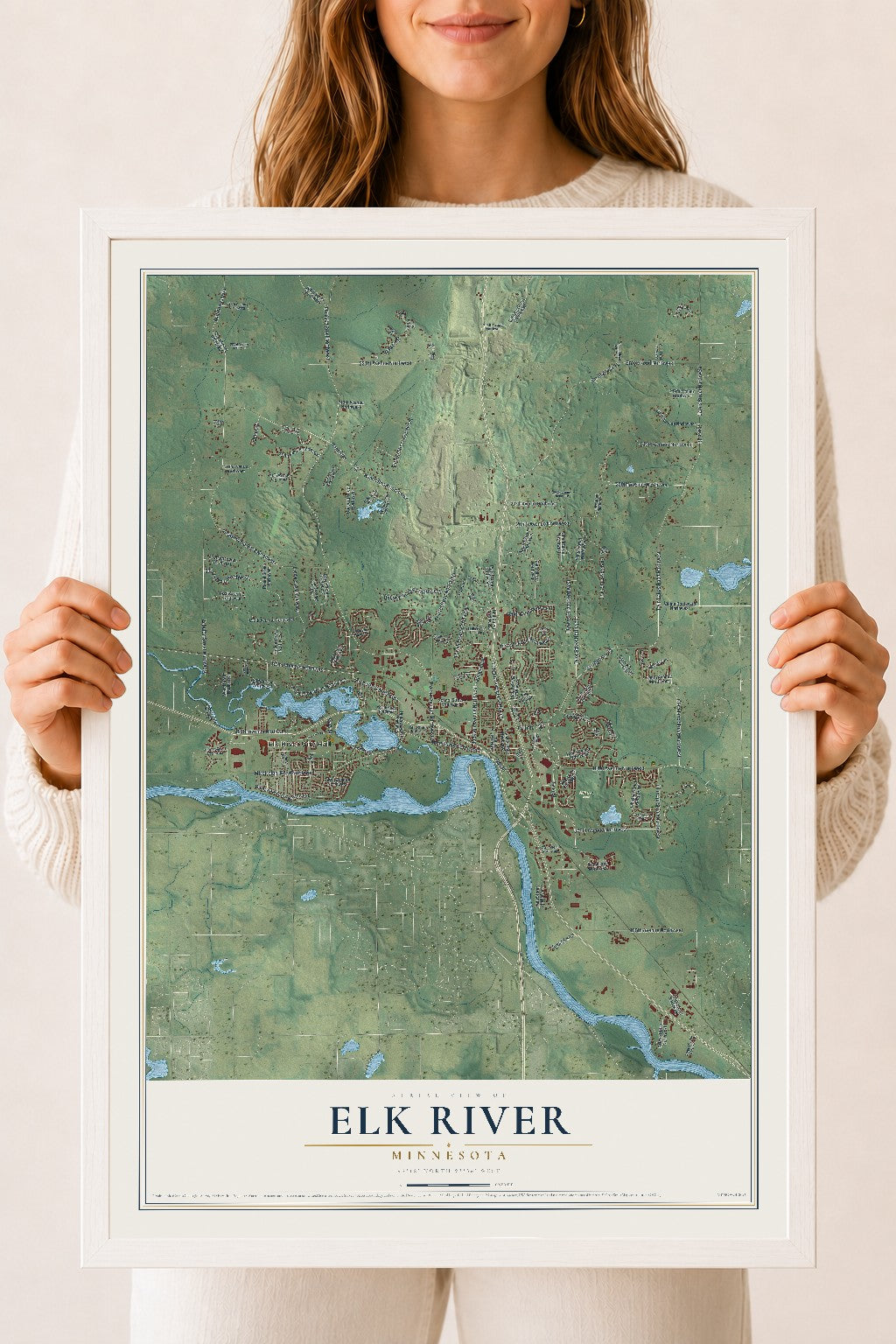 Map of Elk River, Minnesota, 18 x 24 inch print in a white wood frame