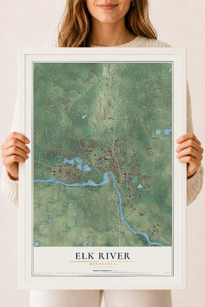 Map of Elk River, Minnesota, 18 x 24 inch print in a white wood frame