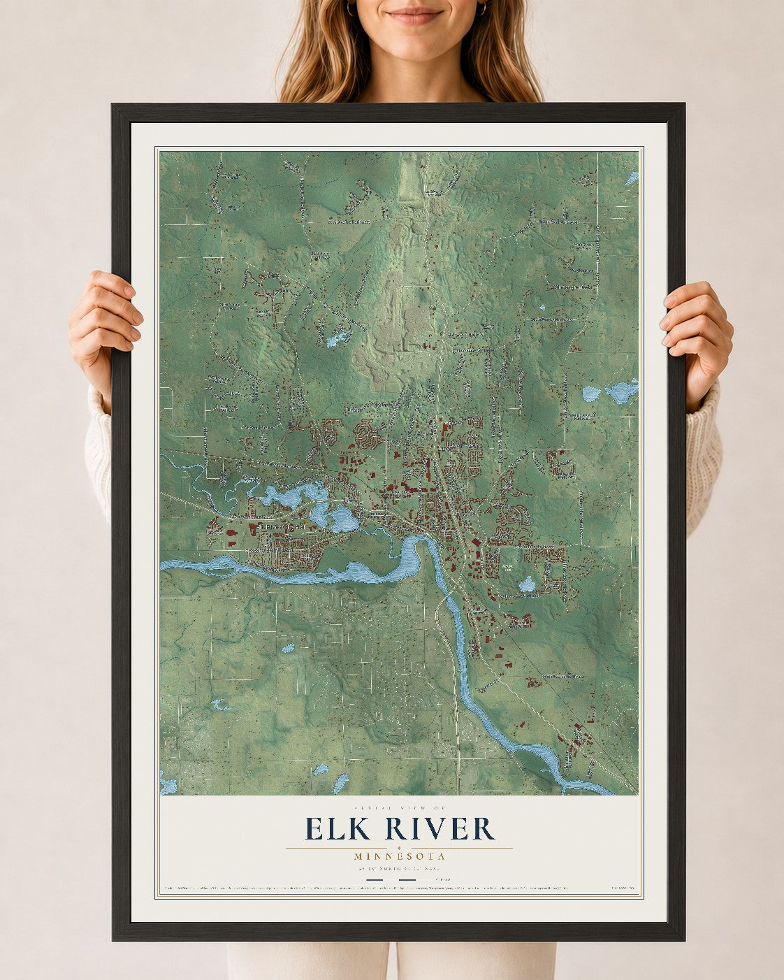 Map of Elk River, Minnesota, 24 x 36 inch print in a black wood frame